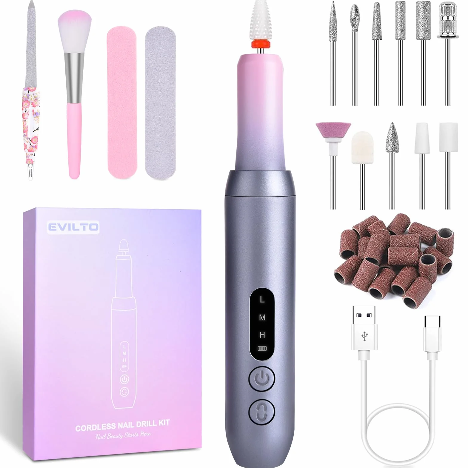 Torno para Uñas Profesional Lijadora Eléctrica de Uñas sin Cable 30000RPM, Lima de Uñas Portátil con Pantalla LCD, 12 Puntas, Potente Kit de Lijado para Manicura y Pedicura (Gris y Rosa)