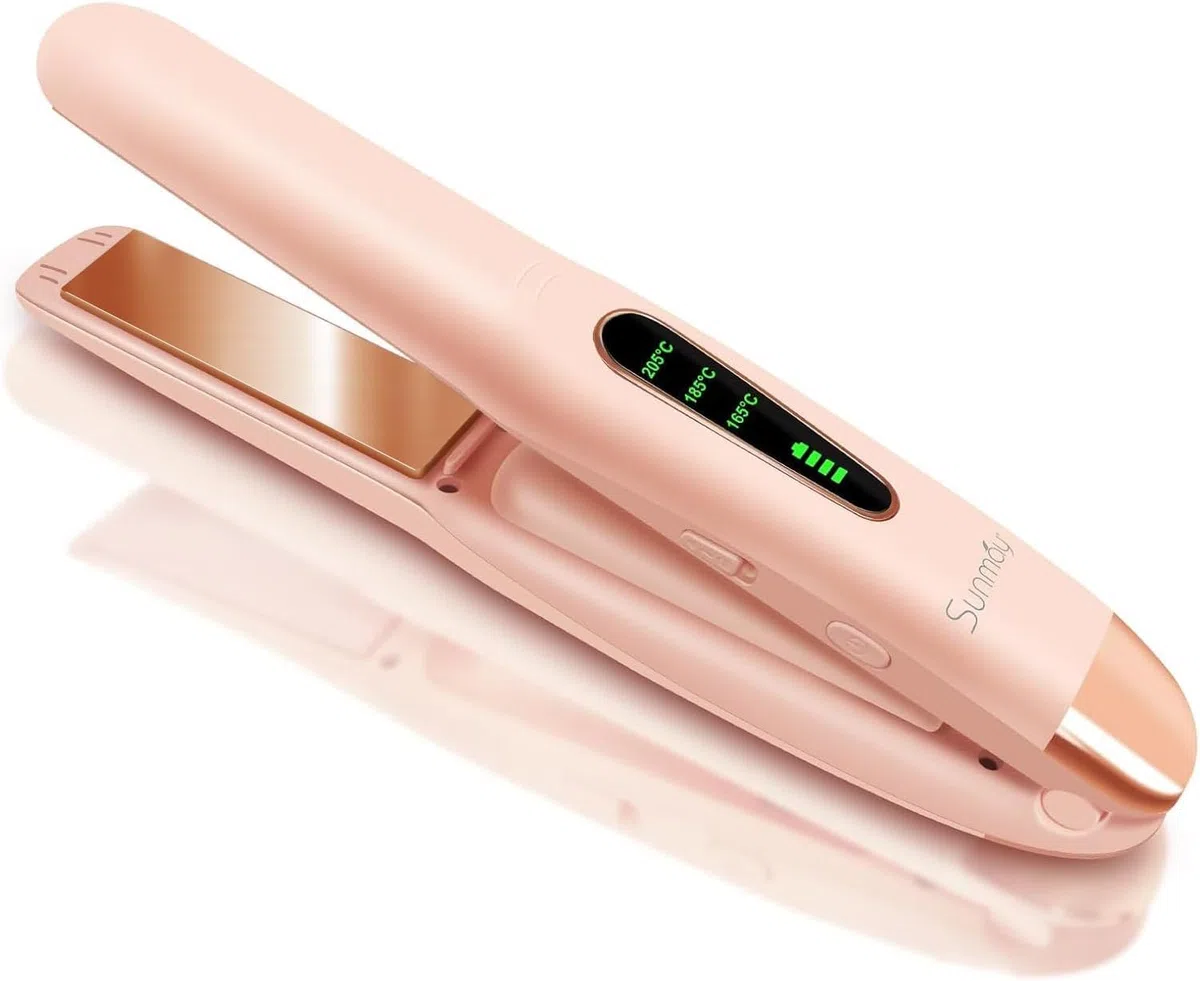 Sunmay Voga - Plancha y rizadora inalámbrica 2 en 1, mini plancha plana para retoques de cabello corto y fino, varita rizadora portátil de viaje y plancha alisadora con recargable por USB