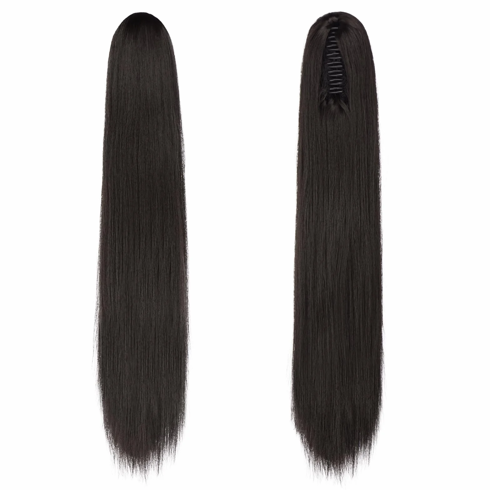 FESHFEN Coletas Postizas con Pinza - Coleta Postiza Pelo Natural Lisa Larga Ponytail Clip de Extensiones de Cabello Negro Marrón Sintético Cola Postizos para Mujeres, 63 cm