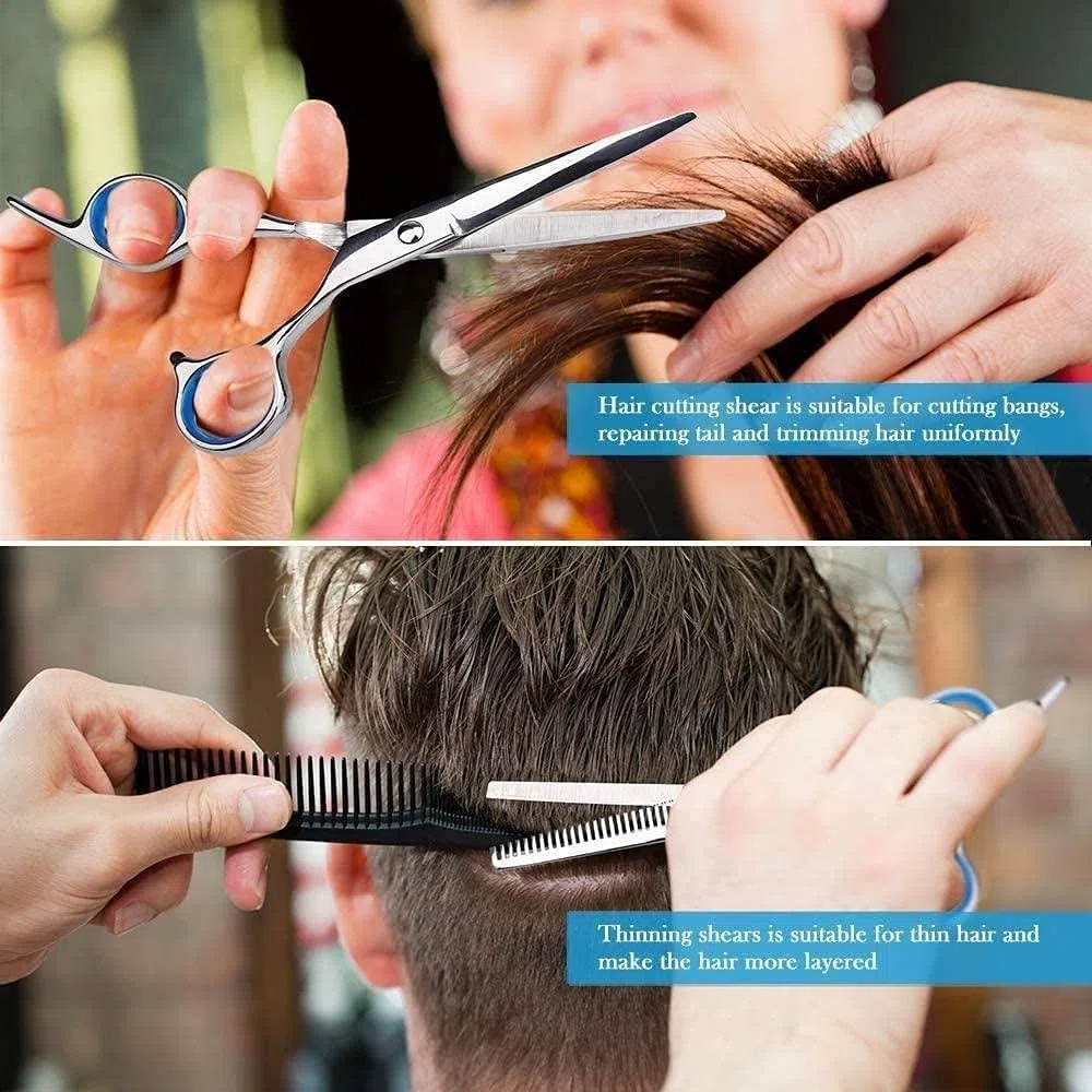 Tijeras de barbero, Set Profesional de peluquería con cortaúñas - Peine cortaúñas de Acero Inoxidable y Bolsa de Cuero para Mujeres, Hombres y niños.