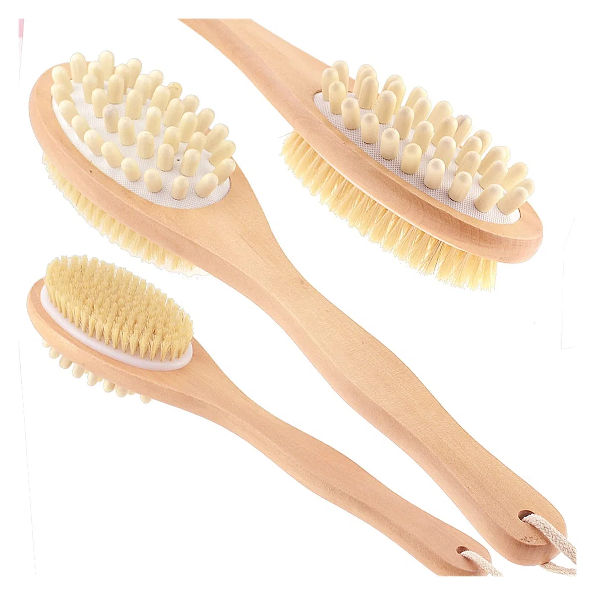 HMTE Cepillo 2 en 1 con cerdas Naturales, Cepillo de Mango Largo, Cepillo de Ducha de SPA de Madera, cepillos de Masaje para baño, Toallas