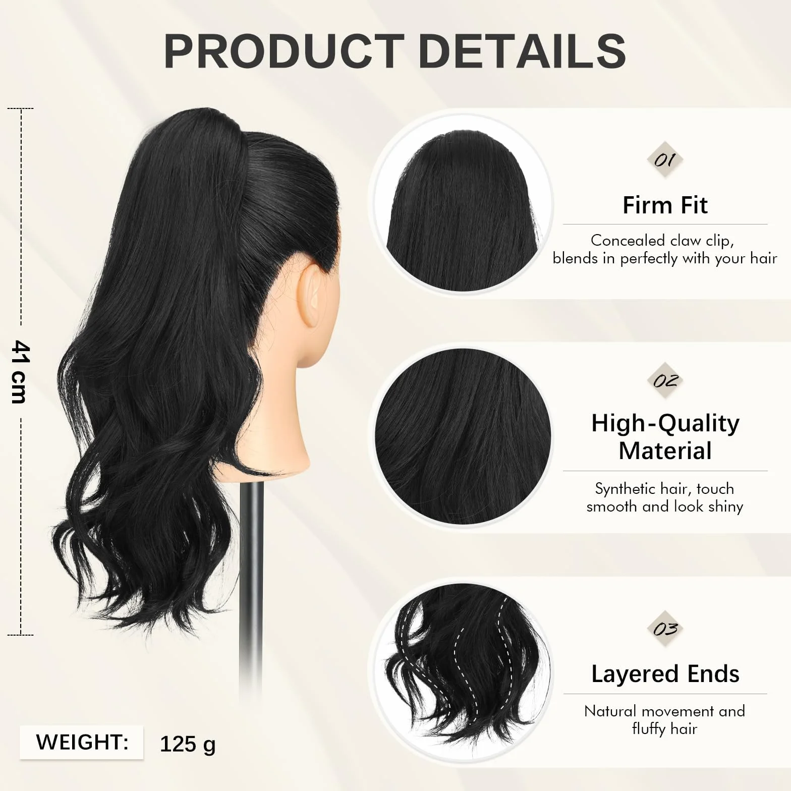 Sofeiyan Coleta Postiza Larga Ondulada con Pinza, Extensión de Coleta Natural de Doble Uso, 41 cm de Sintética Pinza de Pelo en Extensión de Trenza para Mujeres, Negro natural