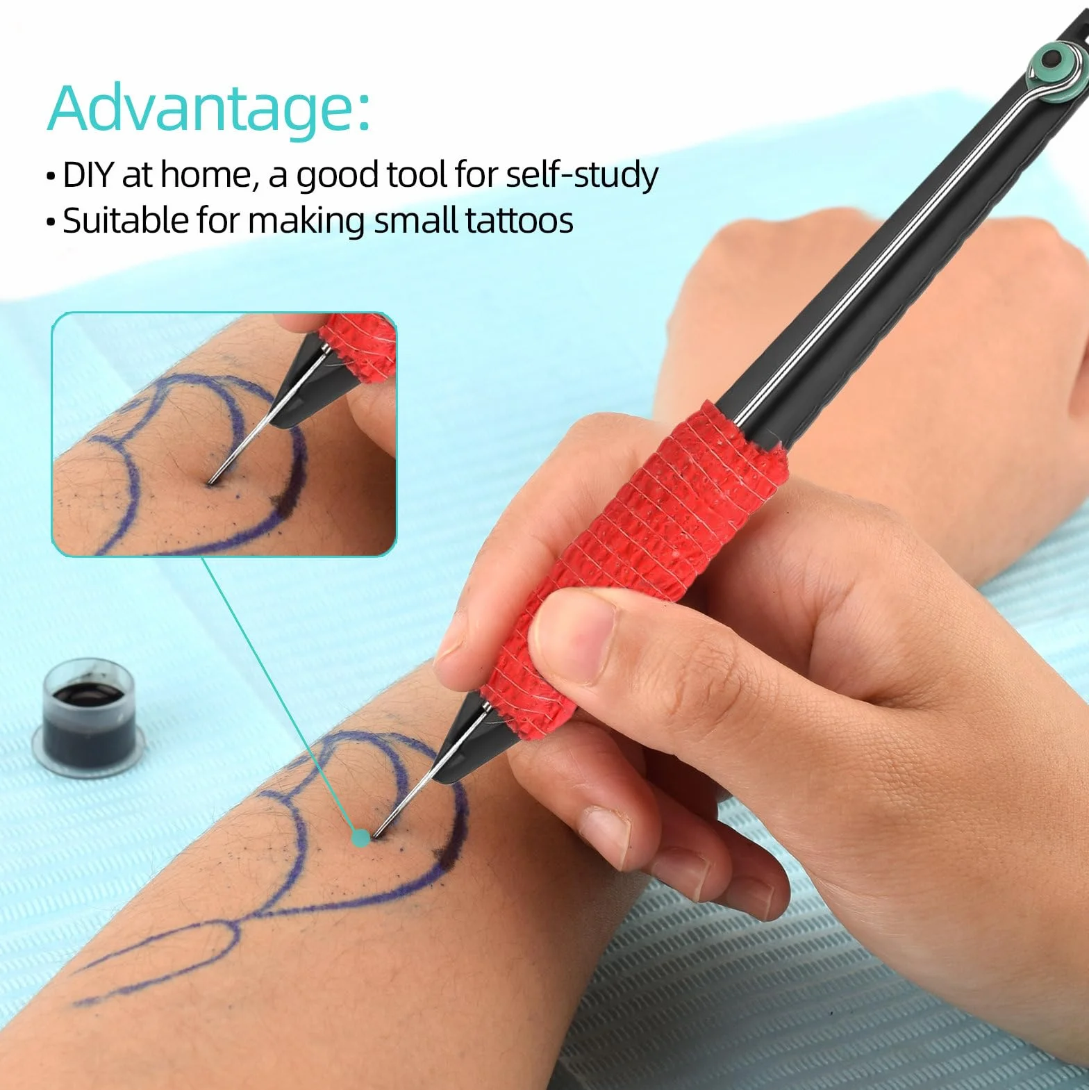 ATOMUS Kit de bolígrafo manual de tatuaje con tintas de tatuaje, agujas, piel de práctica, vasos de tinta y papeles de transferencia (KIT 2)