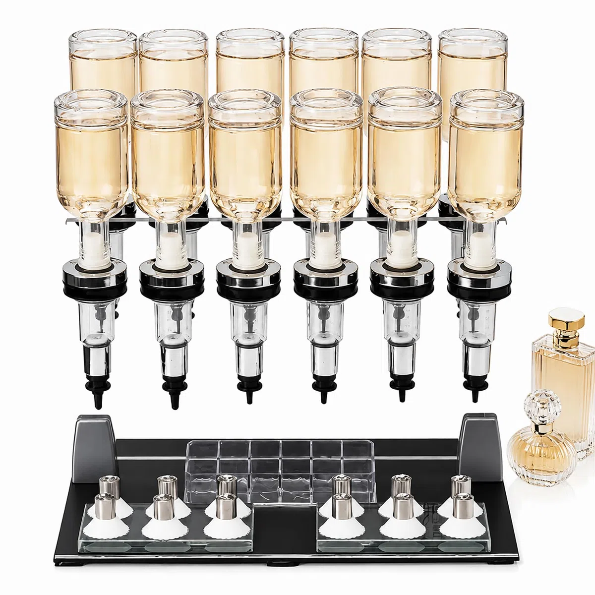 Profesional estación de Recarga Manual de Perfume con 6/8/12 Botellas de Vidrio de 200 ml, Bombas Ajustables y Tazas de Prueba, Soporte de Mesa y llenador para Tiendas, Bares y Estudios
