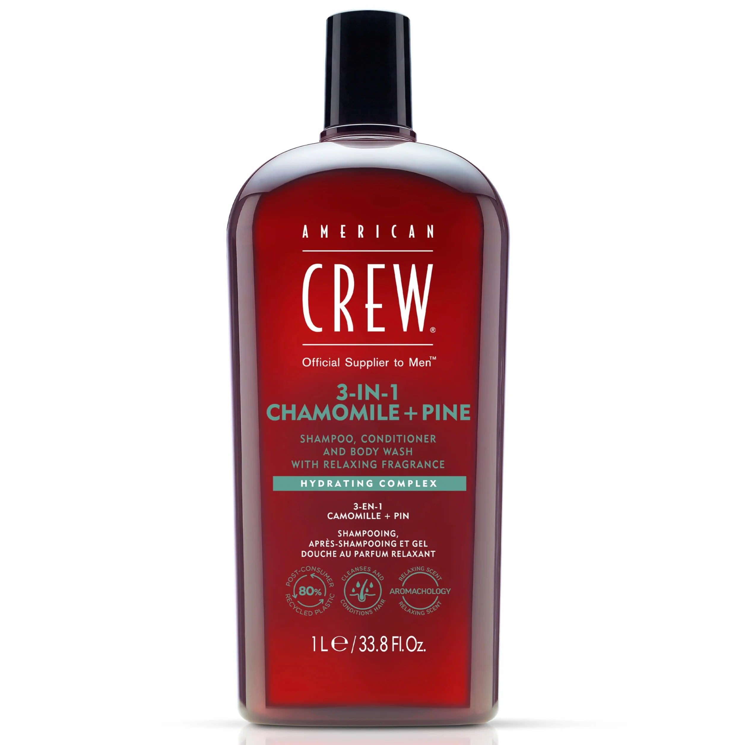 American Crew 3 en 1 Manzanilla y Pino, Champú Acondicionador y Gel de Ducha, Limpia e Hidrata el Cabello y Cuerpo, Mantiene y Repone la Barrera de Hidratación, Aroma Tranquilizante y Relajante