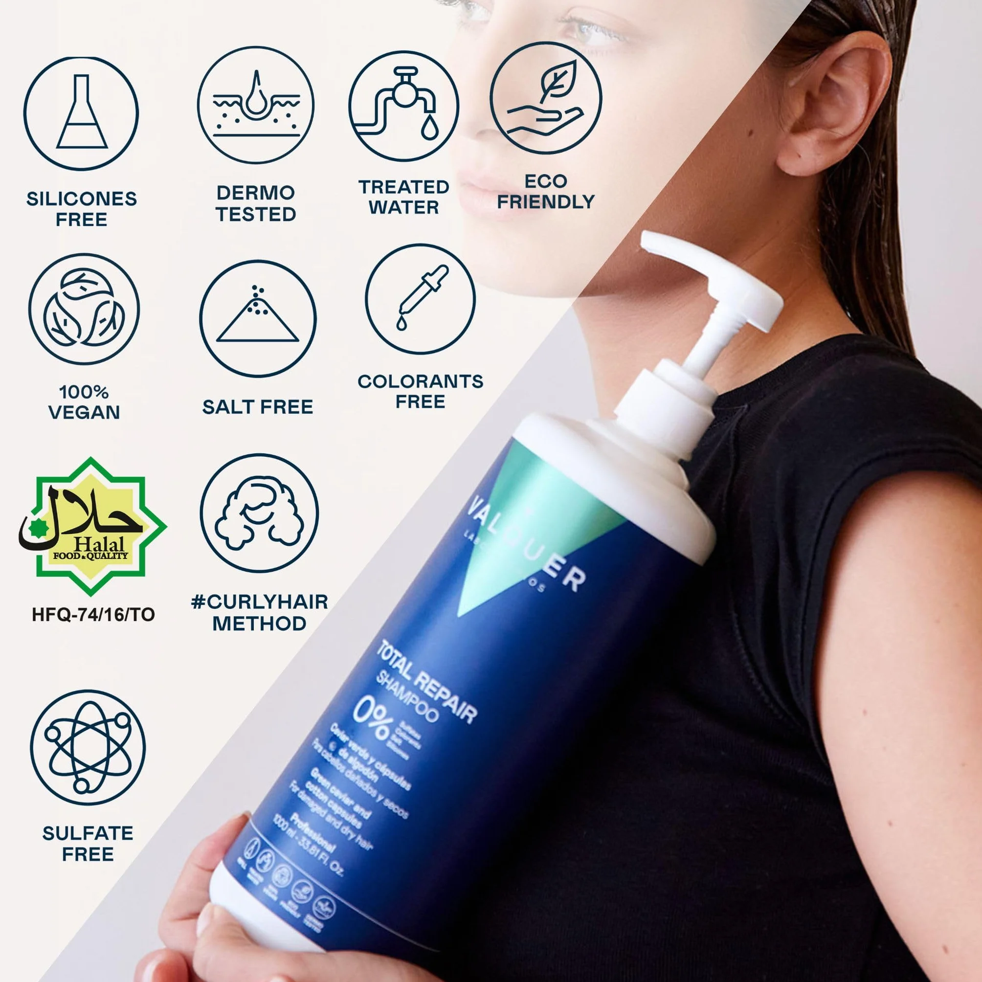 Valquer Champú Total Repair Zero. Repara, Suaviza e Hidrata el Cabello Dañado y Seco. Hidratación Intensa y Nutritiva. Con Caviar Verde, Panthenol, Vitamina E y Cápsulas de Algodón. Vegano. 1 L.