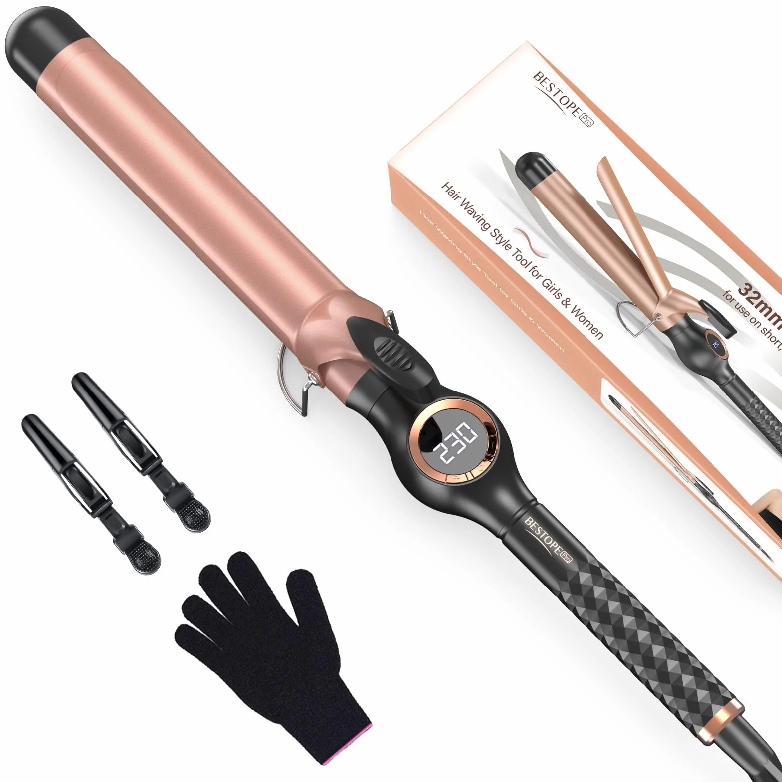 BESTOPE PRO Rizador Pelo Ondas 32mm, Rizador de Pelo para Rizos Grandes,Multi-Temperatura Seleccionable, Tenacillas para Rizar el Pelo con Calentamiento Rápido y Gran Pantalla LCD, Oro Rosa
