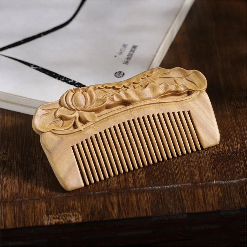 MRKU Peine Retro Chino portátil para Pelo Rizado, Peine de Madera para Barba, Peine para Pelo Largo para Mujer