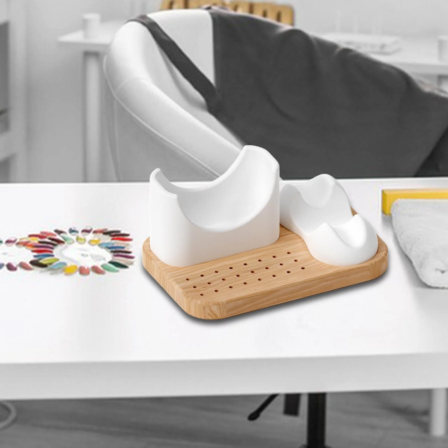 Soporte de Madera para Torno de Uñas 3 en 1, Expositor de Silicona Suave para Manicura