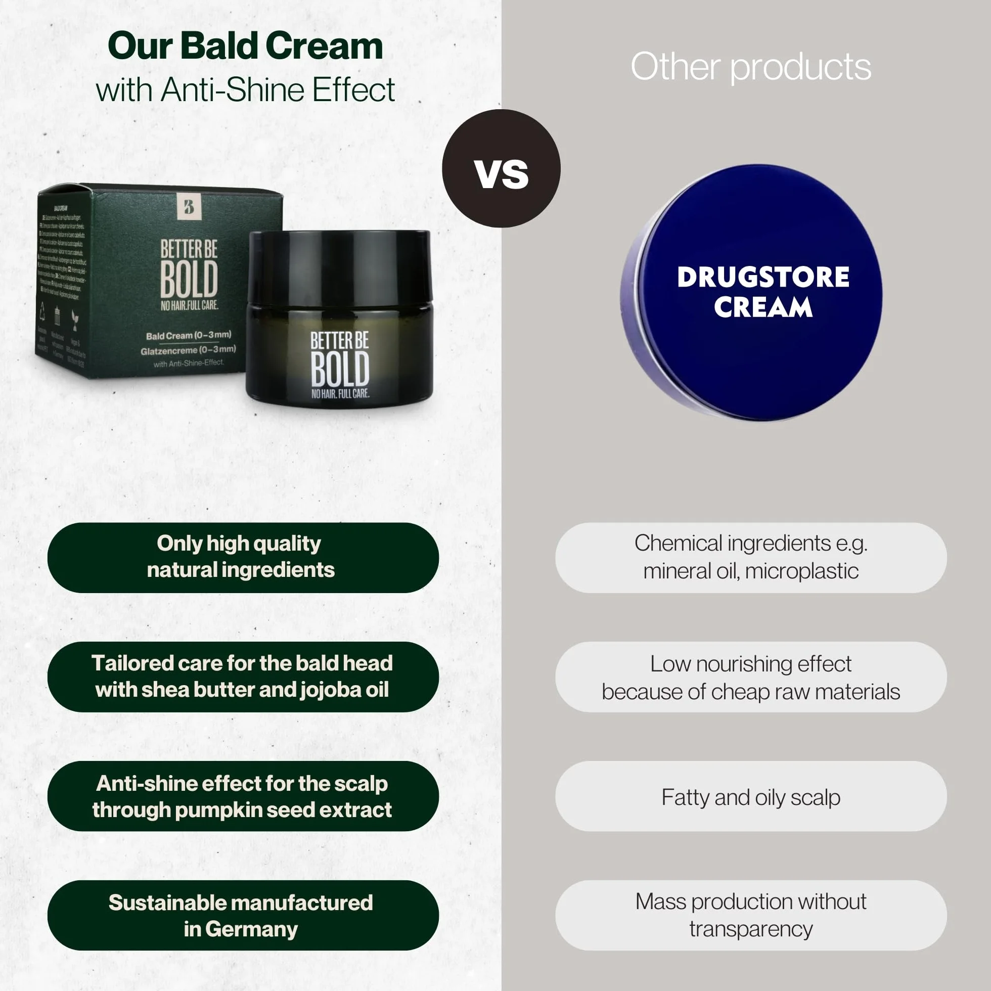 BETTER BE BOLD Crema mate cuero cabelludo rapado 50 ml I Efecto mate natural I Hidratación ligera aloe vera I Reduce brillo I piel sensible I cuidado cabeza calva hombre vegano